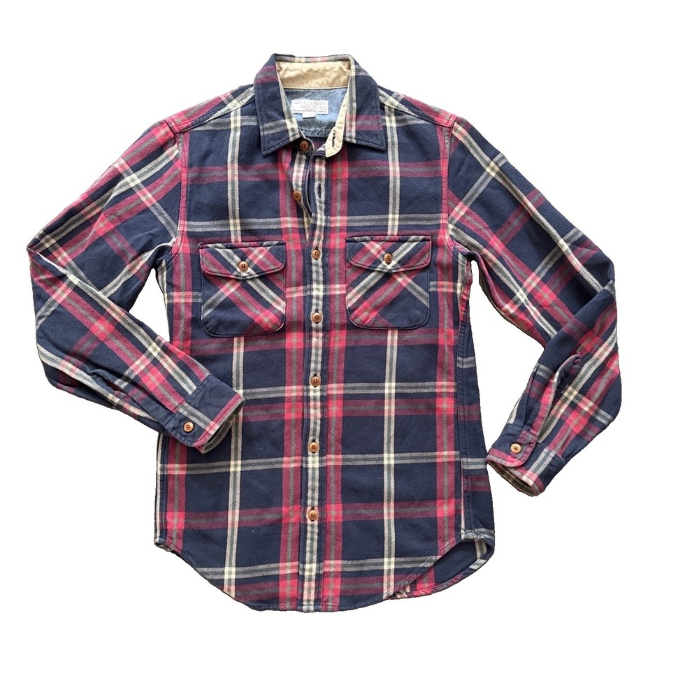Wallace & Barnes J Crew Plaid Flannel Shirt Men XS Red Blue Workwear Button Up